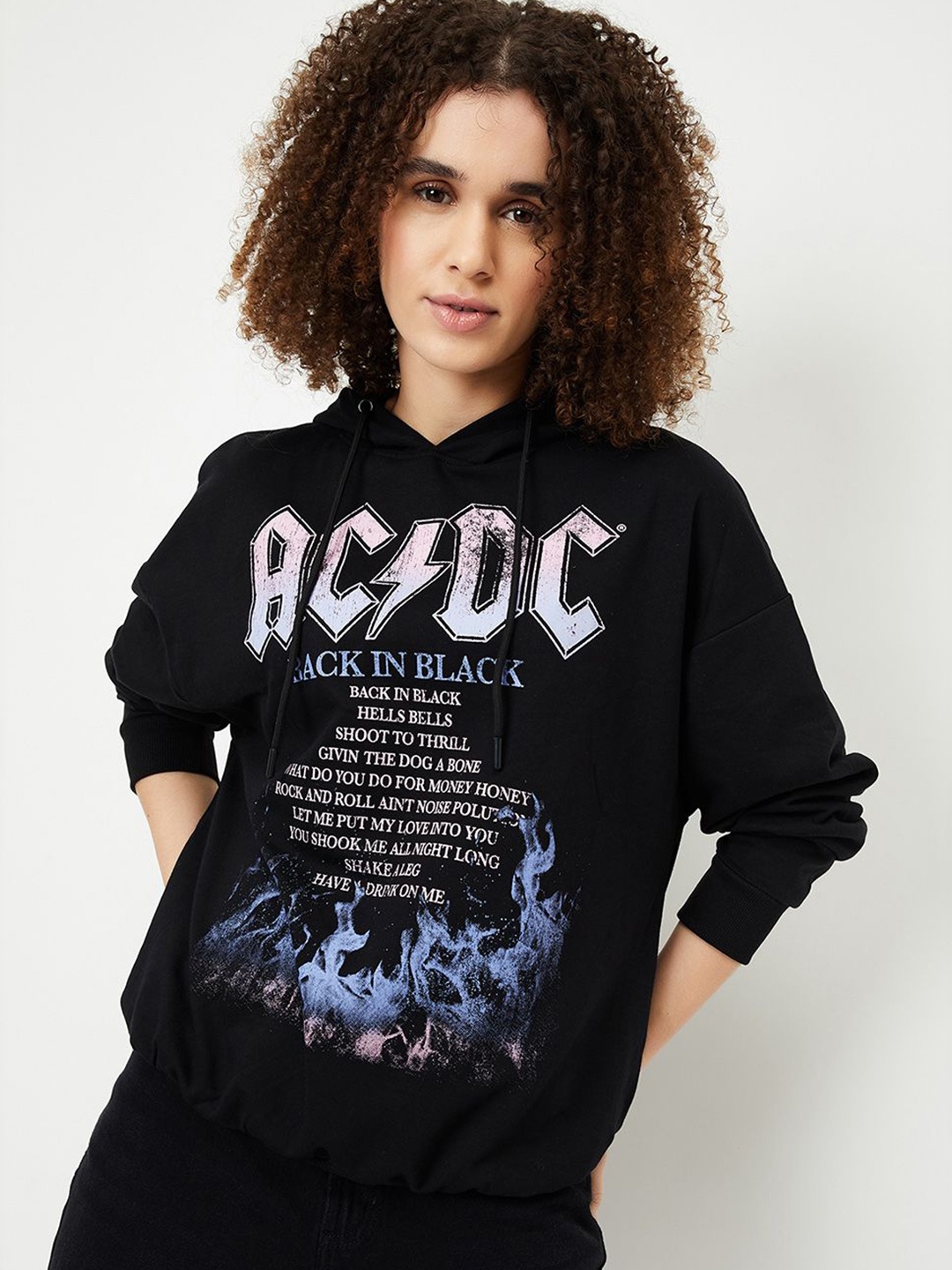

max Women Printed Hooded Cotton Sweatshirt, Black