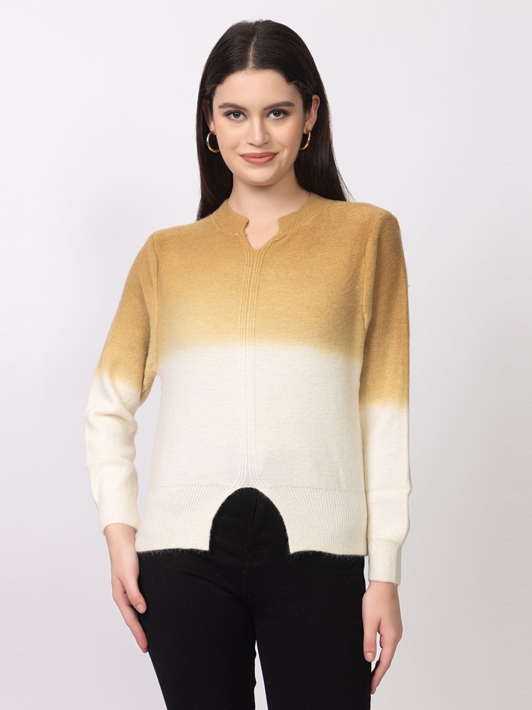 

Lory Women Self Design Colourblocked Cut-Out Detailed Pullover, Mustard
