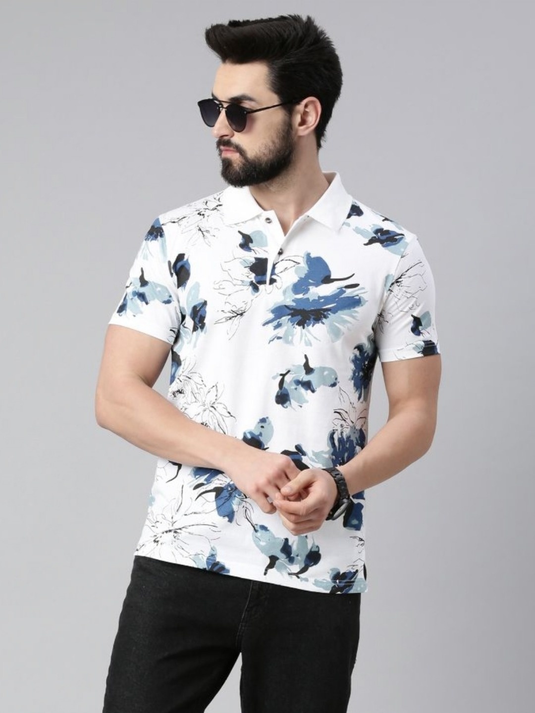 

Kryptic Men Floral Printed Polo Collar Applique T-shirt, White