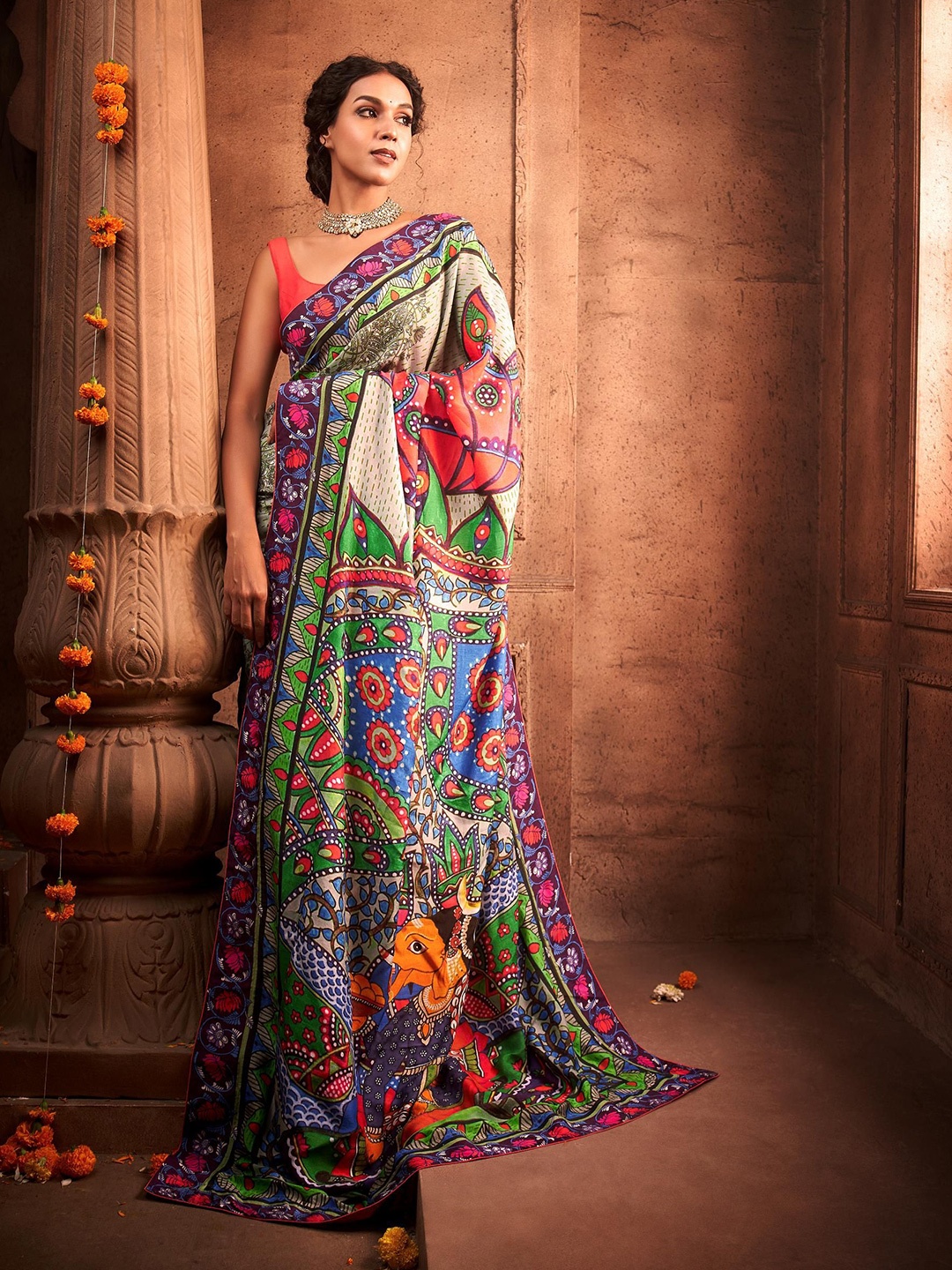 

House of Deepthi Kalamkari Silk Blend Saree, Green