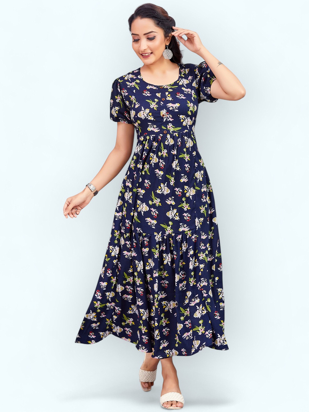 

PAMPER YOURSELF Floral Print Georgette Fit & Flare Maxi Dress, Blue