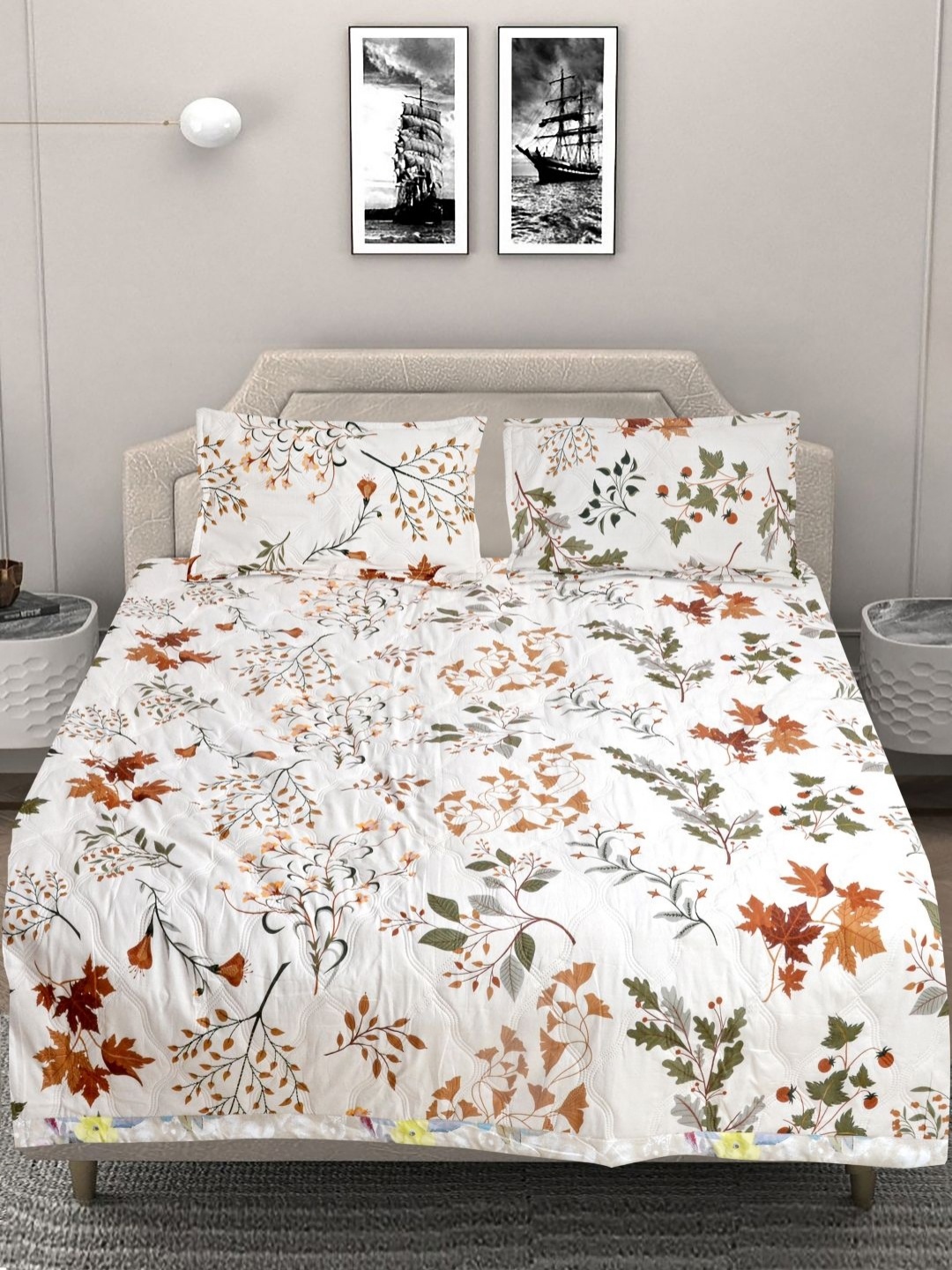 

FABINALIV White & Beige Printed Reversible Double King Bed Covers