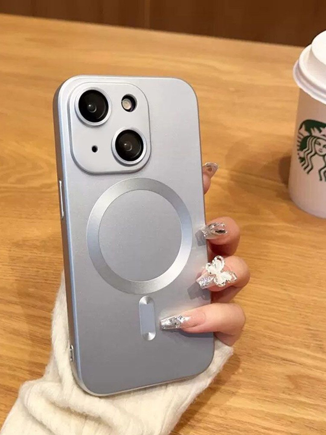 

Luxury Kase Solid Printed iPhone 14 Plus Back Case Mobile Accessories, Silver