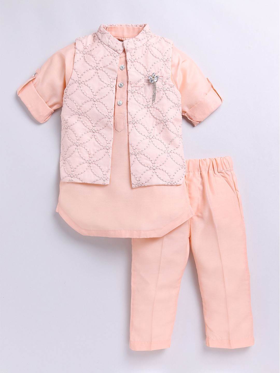 

LITTLE COLLARS Boys Regular Pure Silk Kurta With Pyjamas & Jacket, Peach