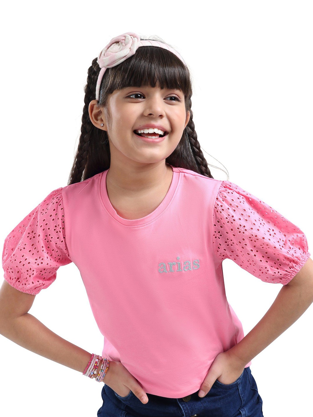 

ARIAS By LARA DUTTA Girls Puff Sleeve Cotton Top, Pink