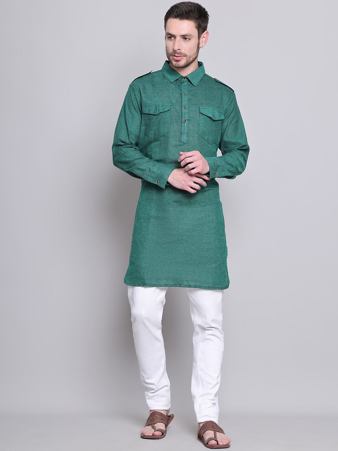 

Enchanted Drapes Men Flared Sleeves Thread Work Pathani Kurta, Green