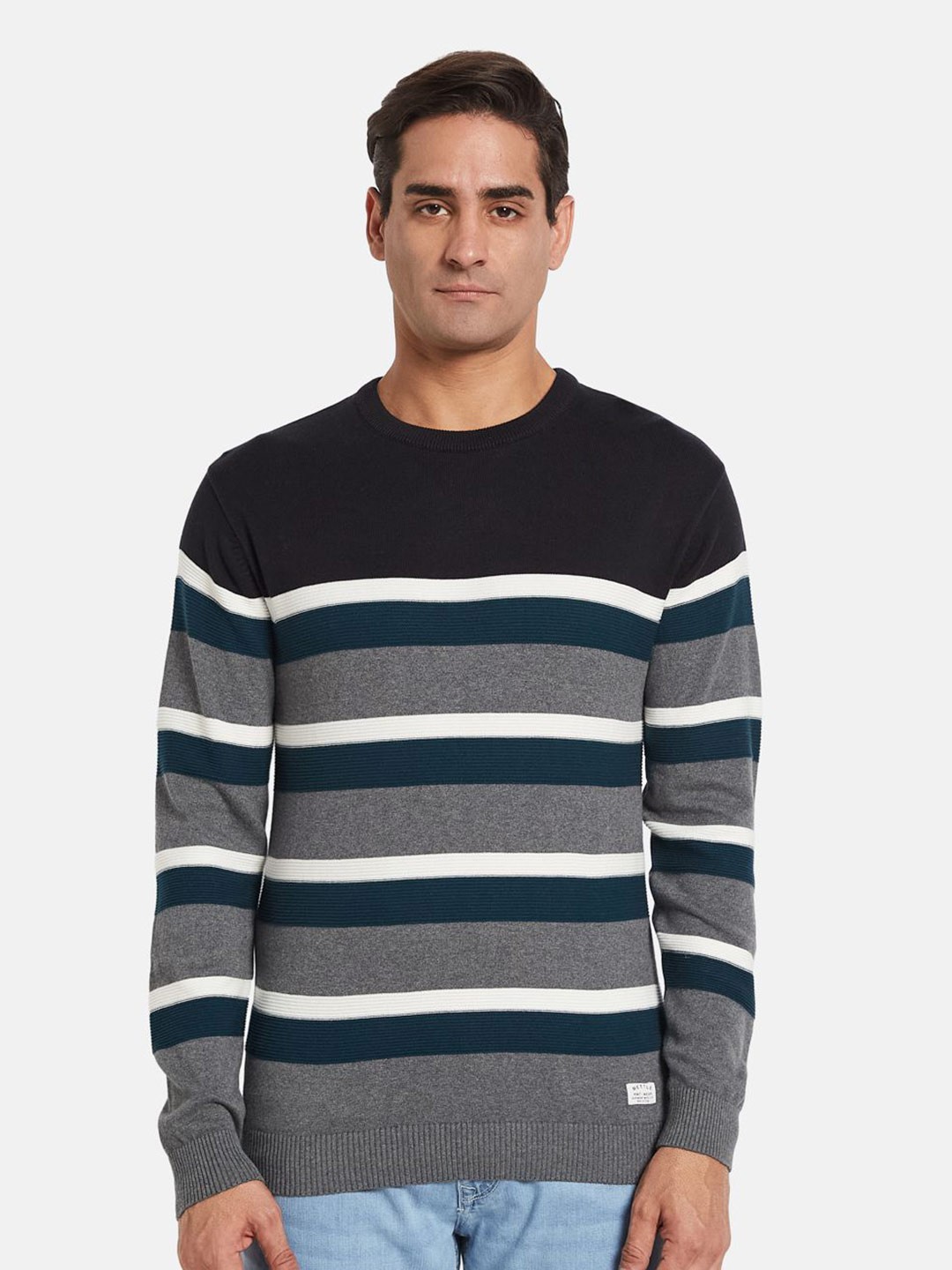 

METTLE Men Striped Pullover, Grey