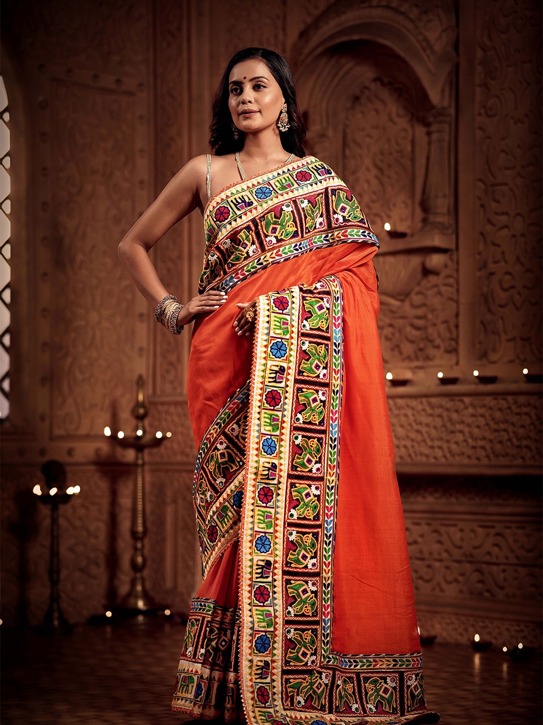 

House of Deepthi Ethnic Motifs Zari Silk Cotton Mangalagiri Saree, Orange