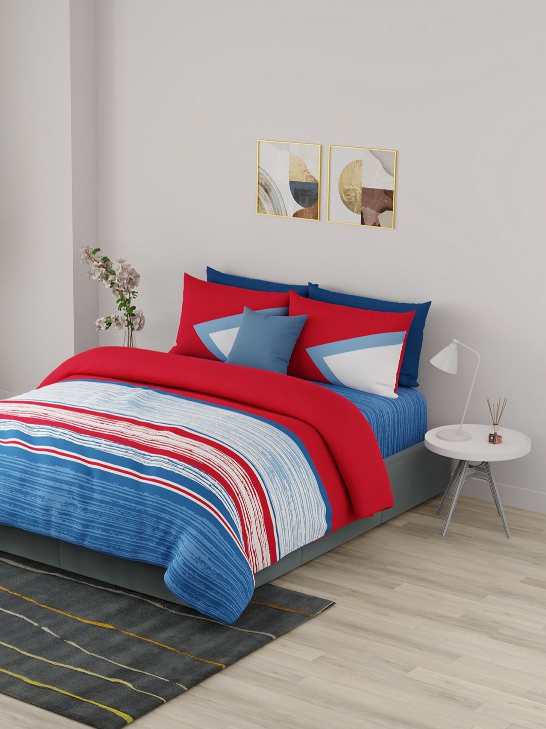 

United Colors of Benetton Red & White Striped 210 TC King Bedsheet with 2 Pillow Covers