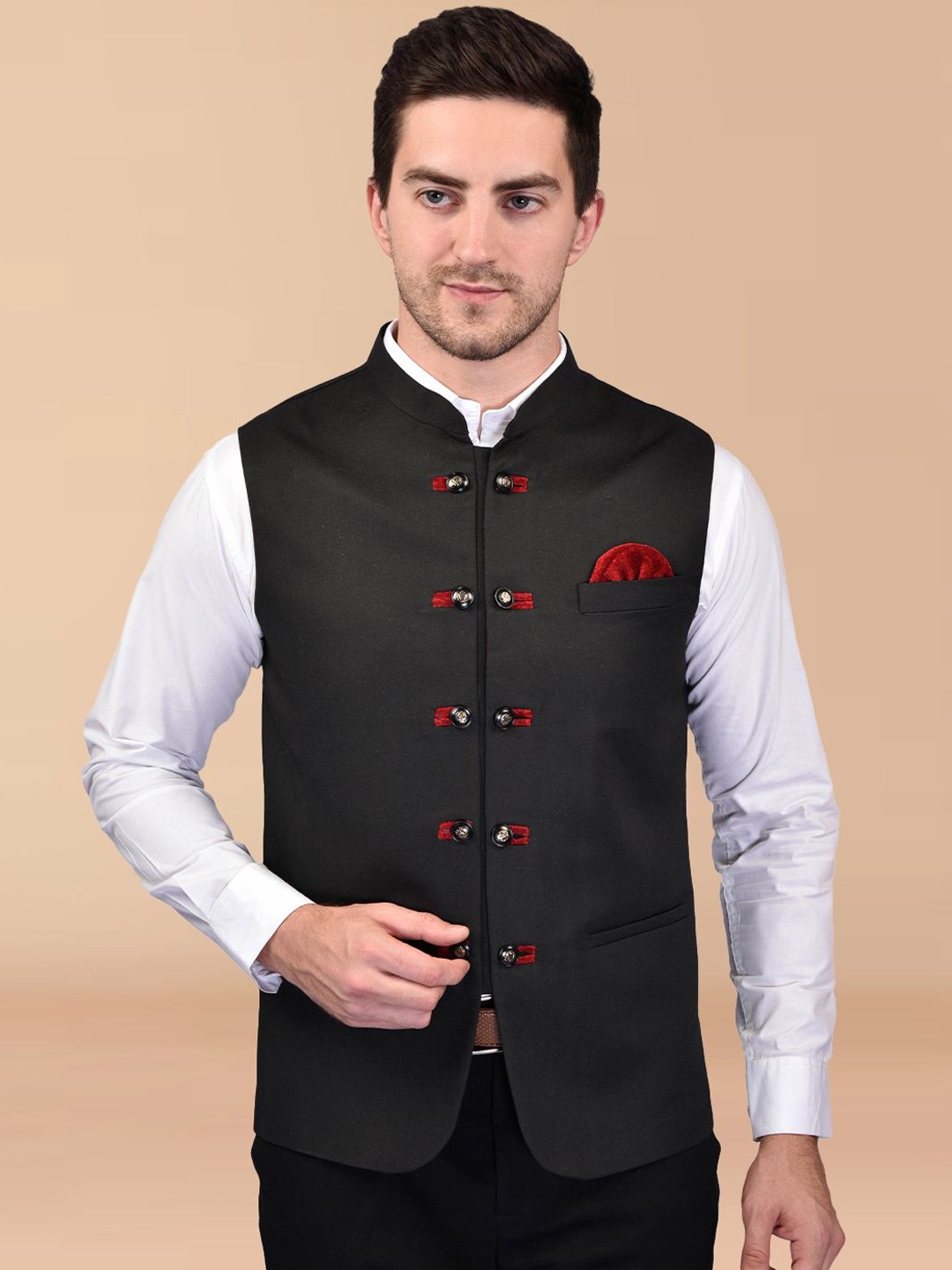 

BOWLIFESTYLE Mandarin Collar Woven Nehru Jackets, Black