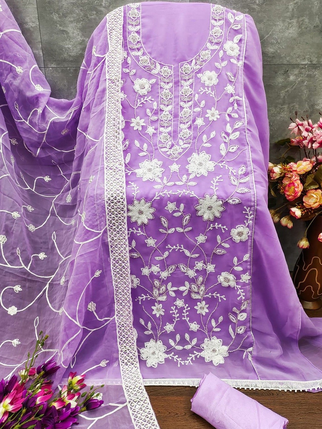 

mimi design Silk Georgette Unstitched Dress Material, Purple