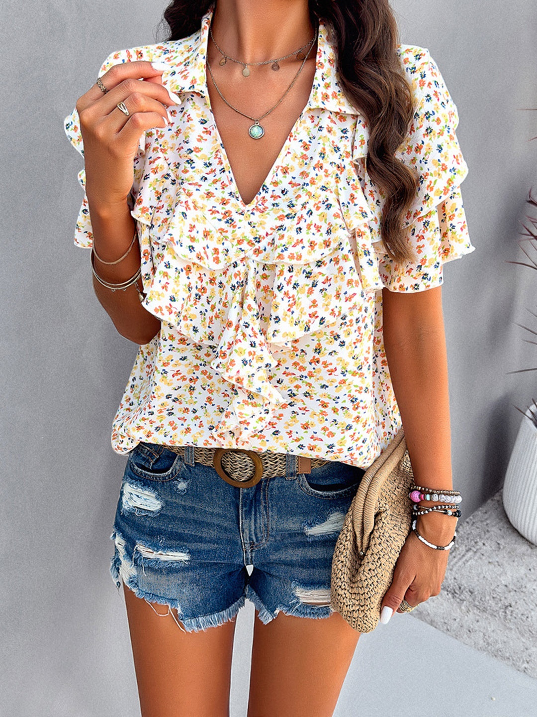 

all about you Shirt Collar Flared Sleeves Floral Print Regular Top, White