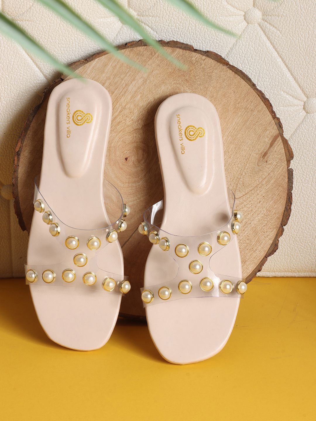 

sneakers villa Women Embellished Open Toe Flats, Cream