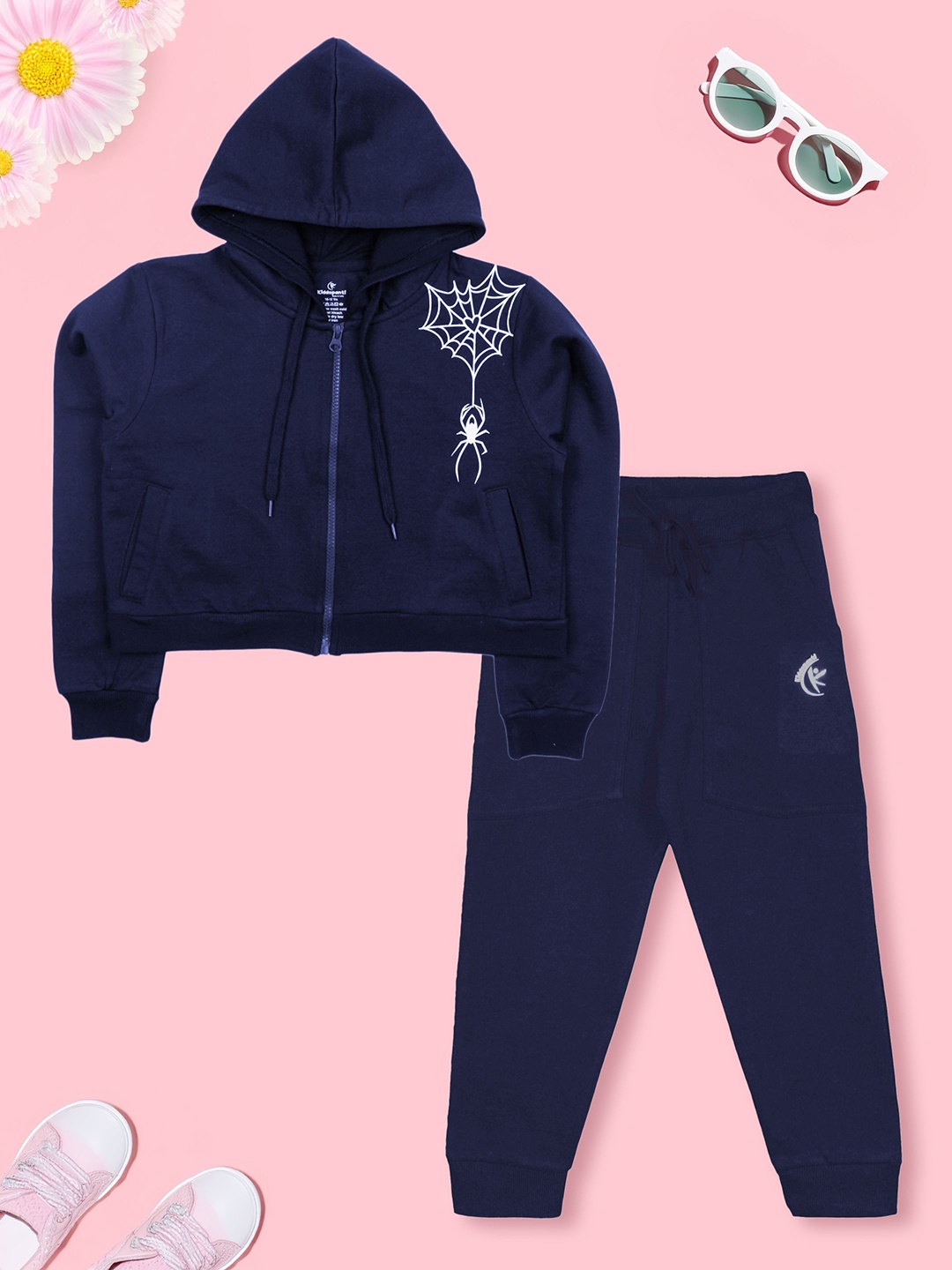 

KiddoPanti Girls Printed Front Zip Open Hooded Tracksuit, Navy blue