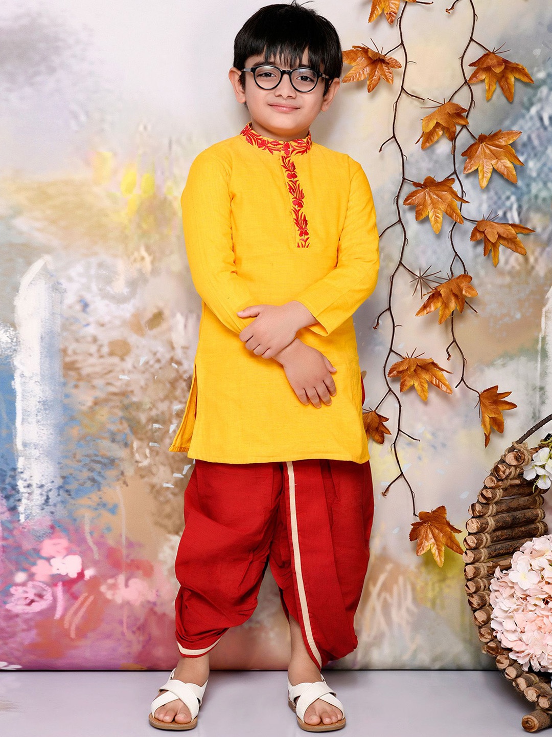 

MUDKID Boys Embroidered Regular Pure Cotton Kurta with Dhoti Pants, Yellow