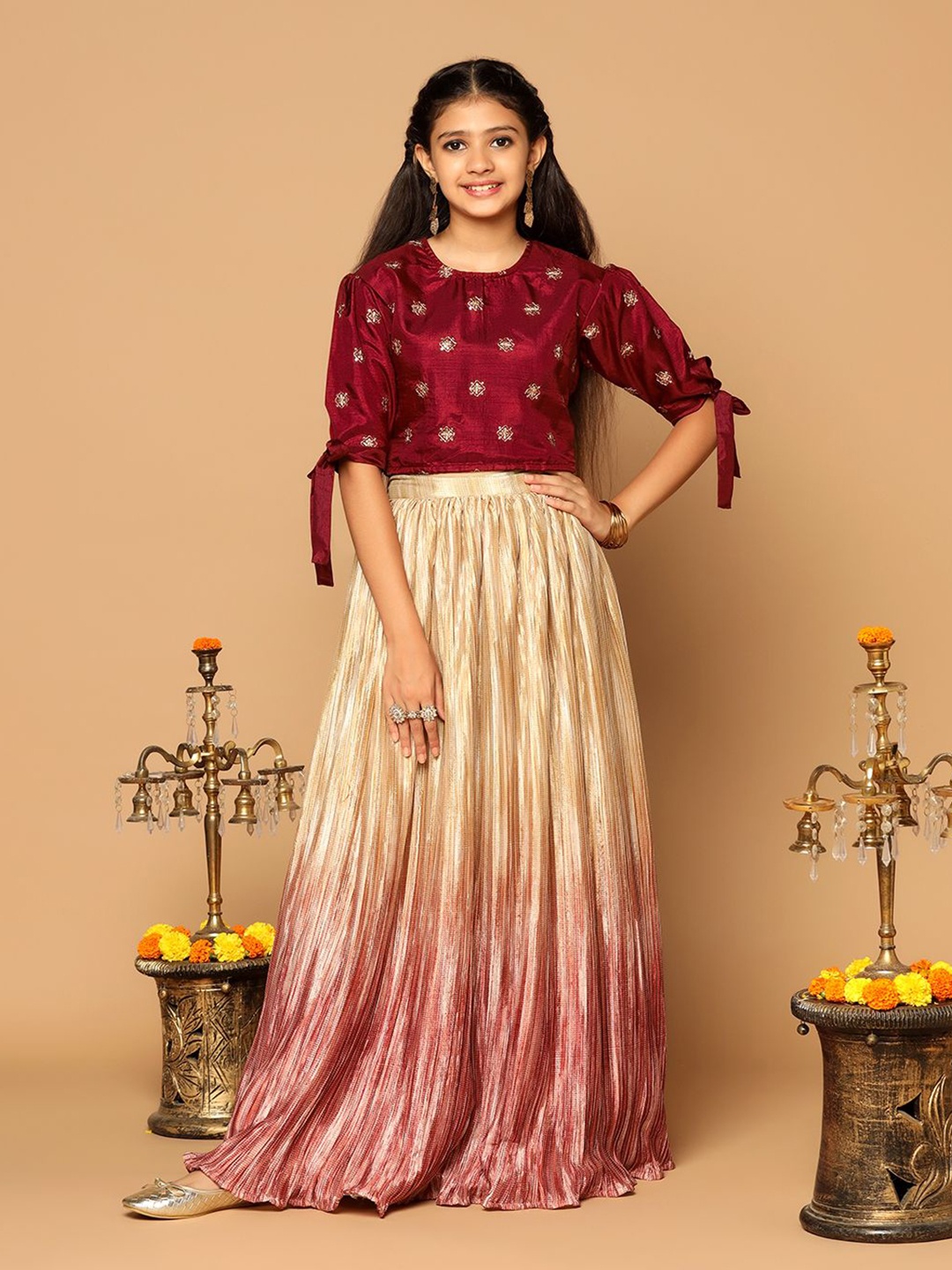 

FASHION DREAM Girls Embroidered Thread Work Ready to Wear Lehenga &, Maroon