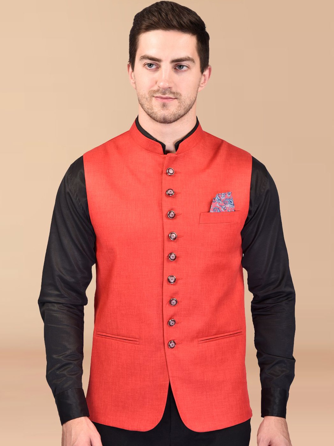 

BOWLIFESTYLE Woven Design Nehru Jacket, Red