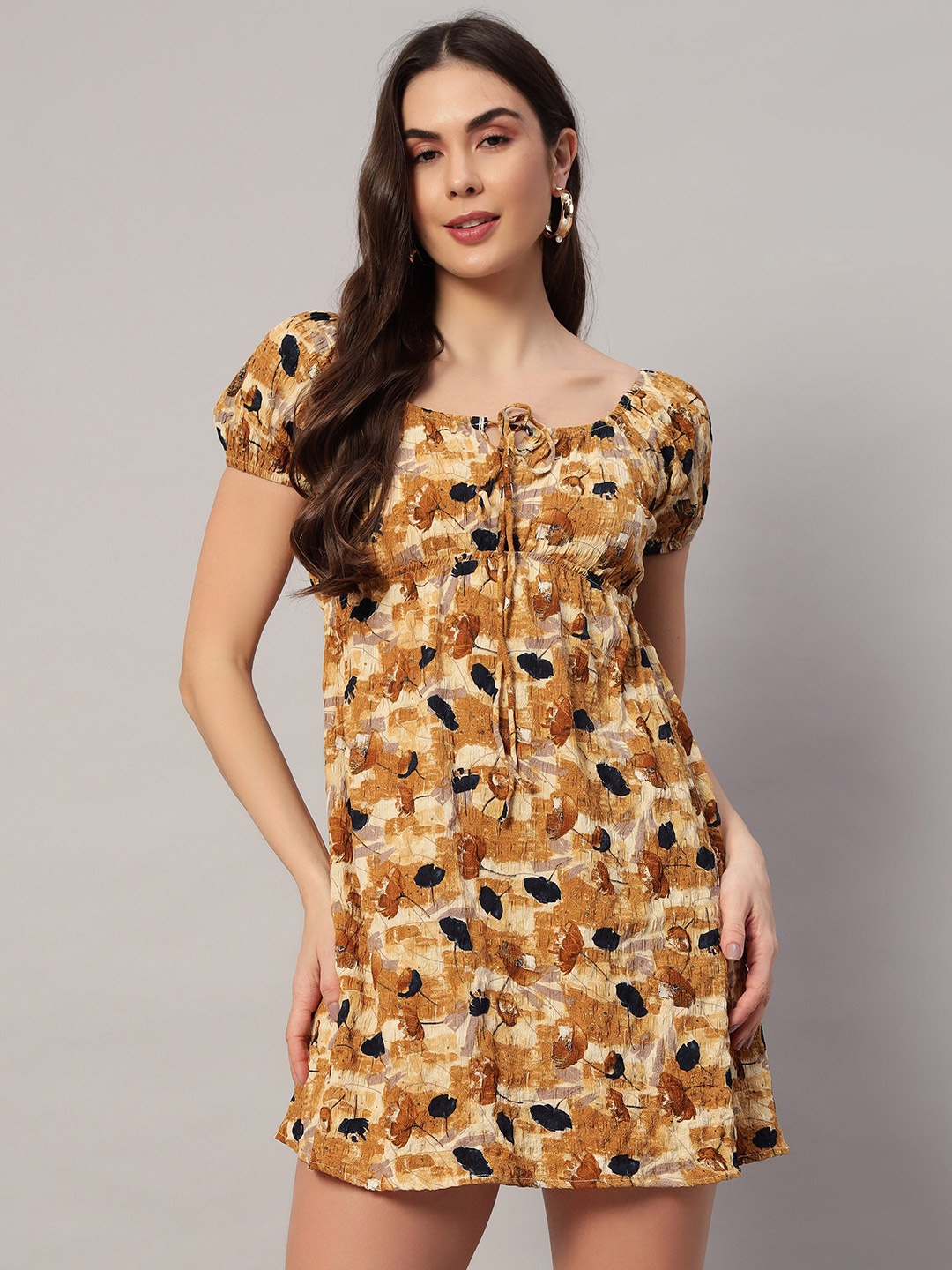 

ROCK AND ROLL Floral Printed Puff Sleeve A-Line Mini Dress, Yellow