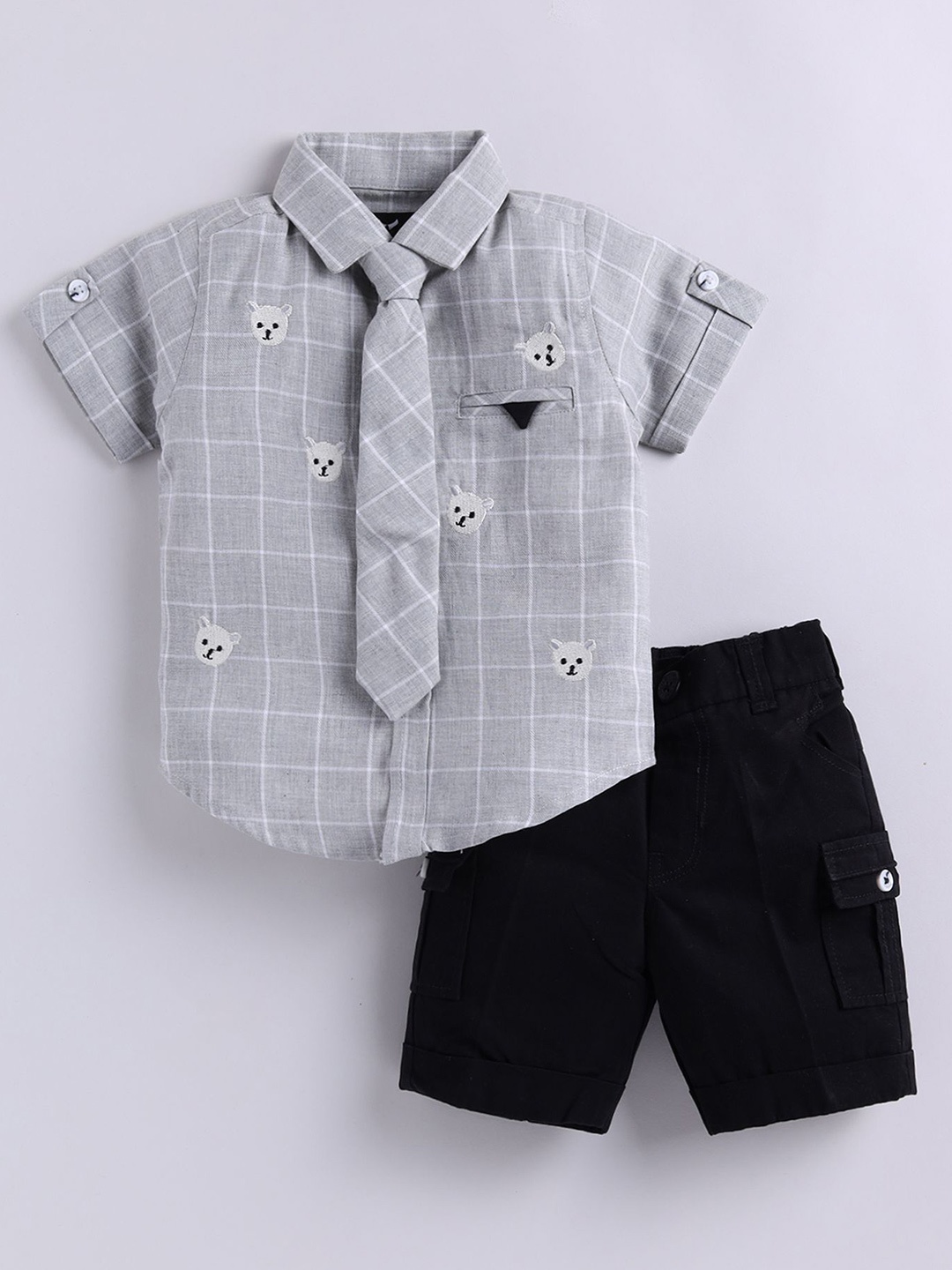 

LITTLE COLLARS Boys Printed Shirt with Shorts, Grey