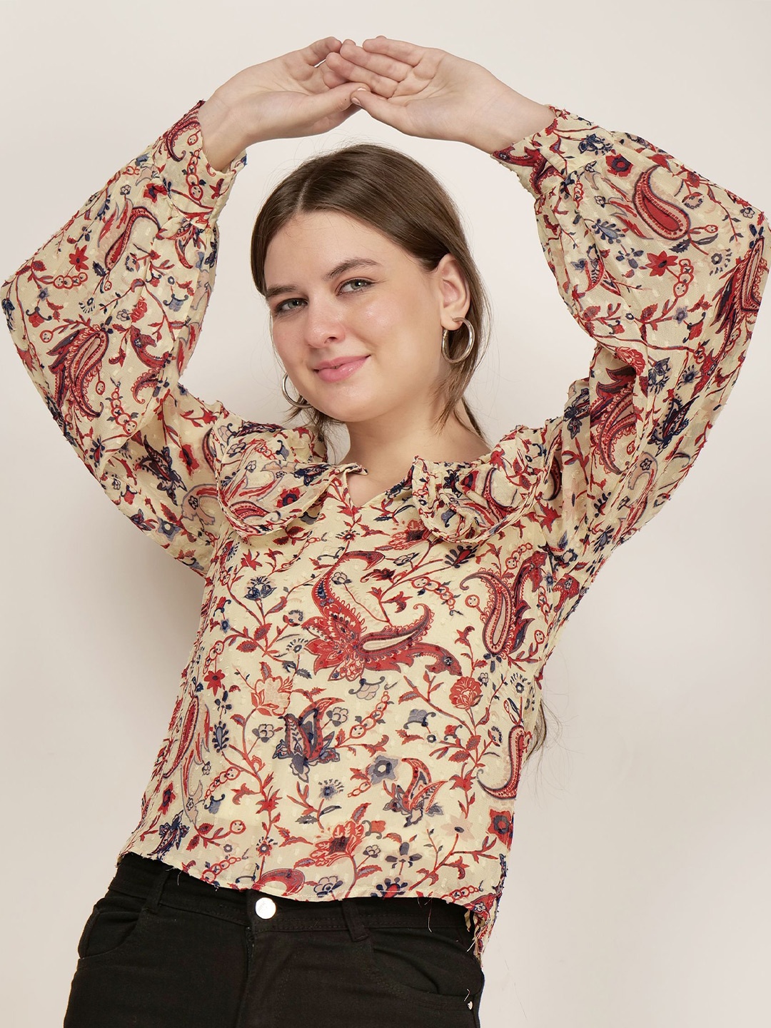 

AUDRAPE Floral Printed Ruffle A-Line Crop Top, Beige