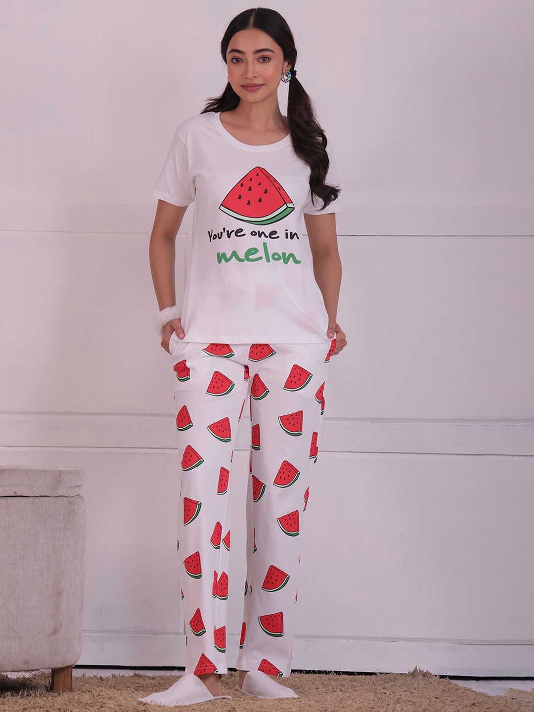 

NAP STORY Watermelon Printed Half Sleeves T-Shirt and Pyjama Nightsuit Set, White