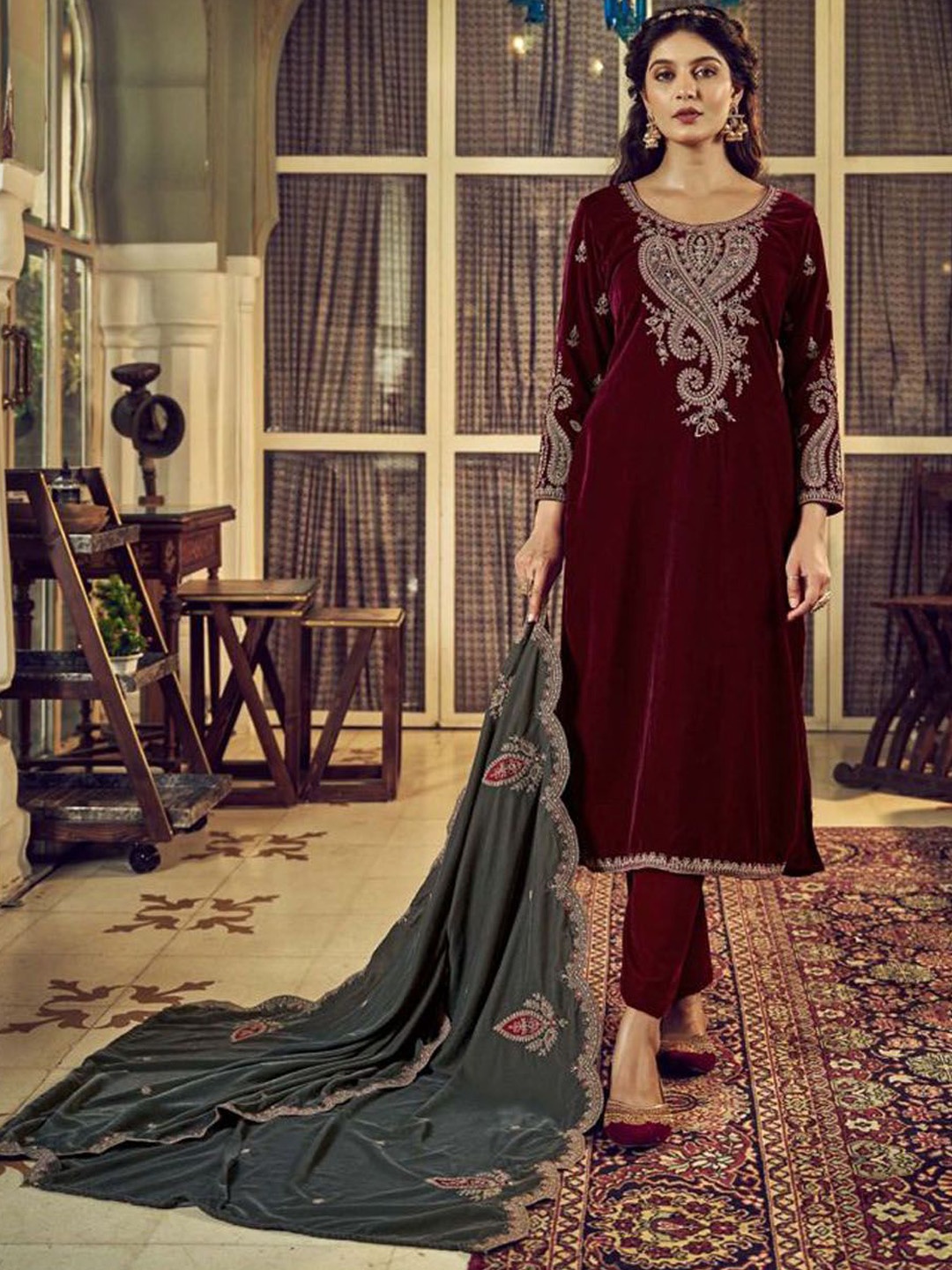 

Clora Creation Embroidered Velvet Unstitched Dress Material, Maroon
