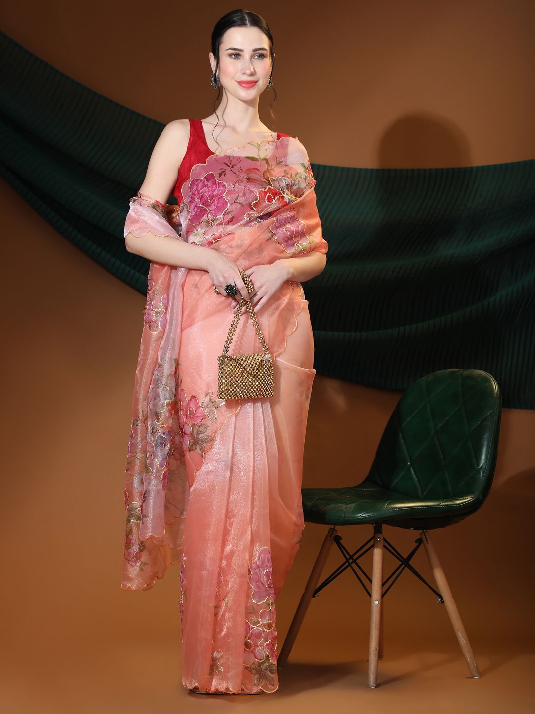

Anouk Women Floral Sequinned Organza Saree, Orange