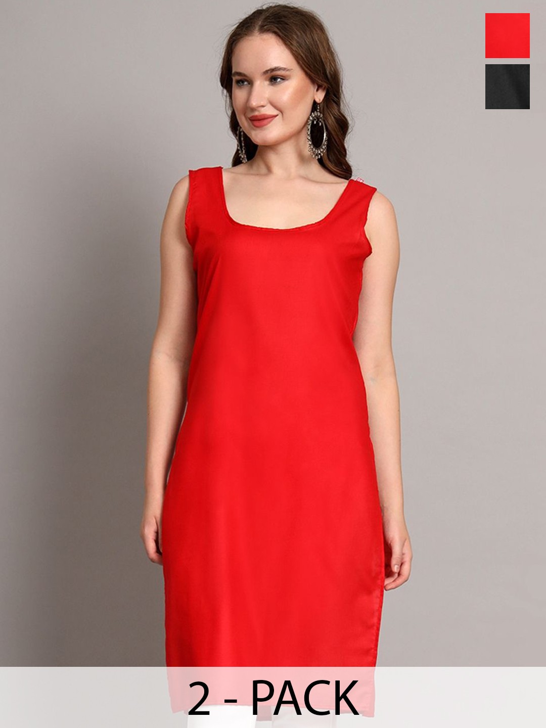 

The Chikan Label Pack Of 2 Scoop Neck Cotton Longline Side Slits Slips, Red