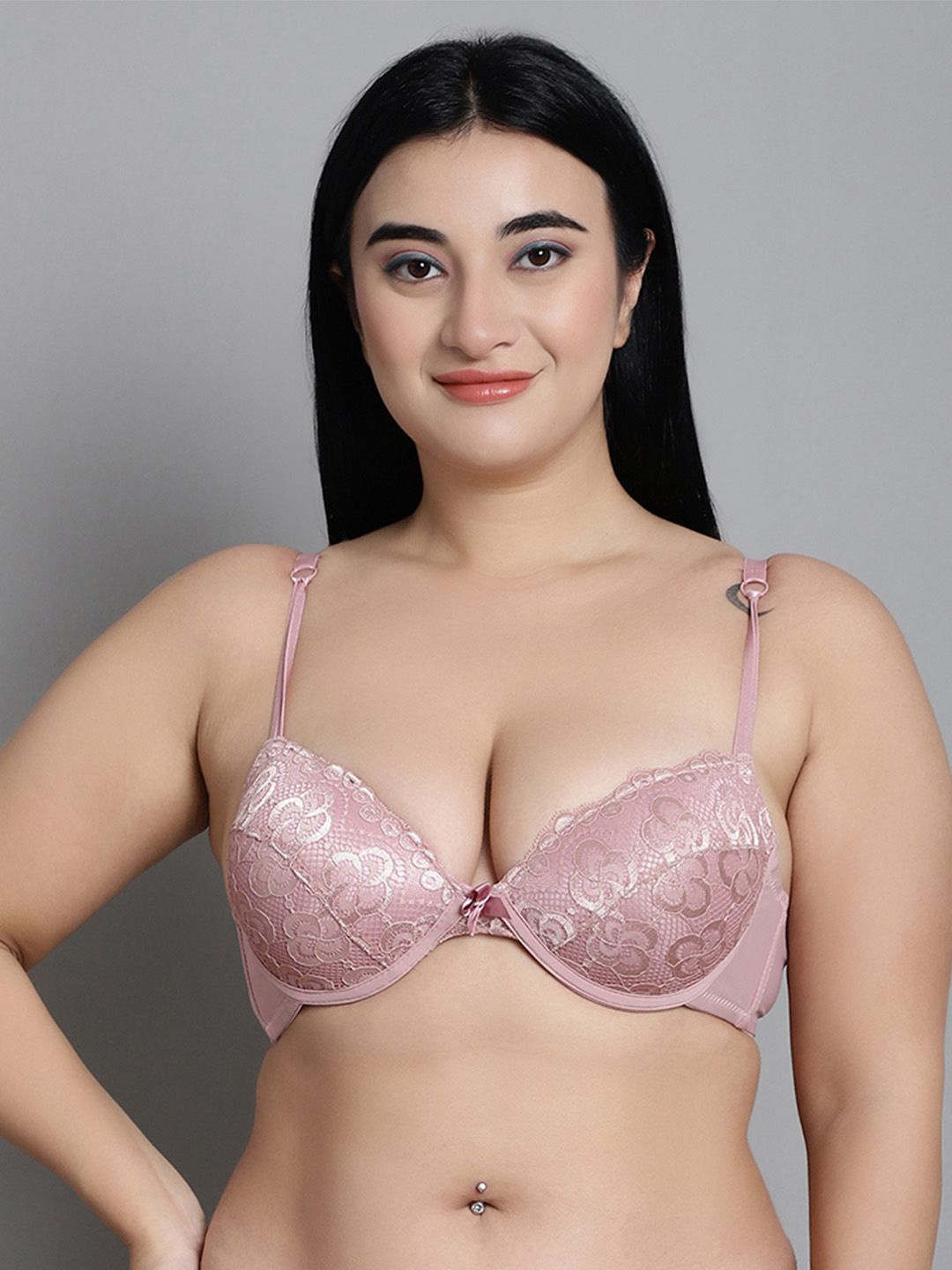 

MAKCLAN Women Floral Medium Coverage Underwired Lightly Padded Plunge Bra, Pink