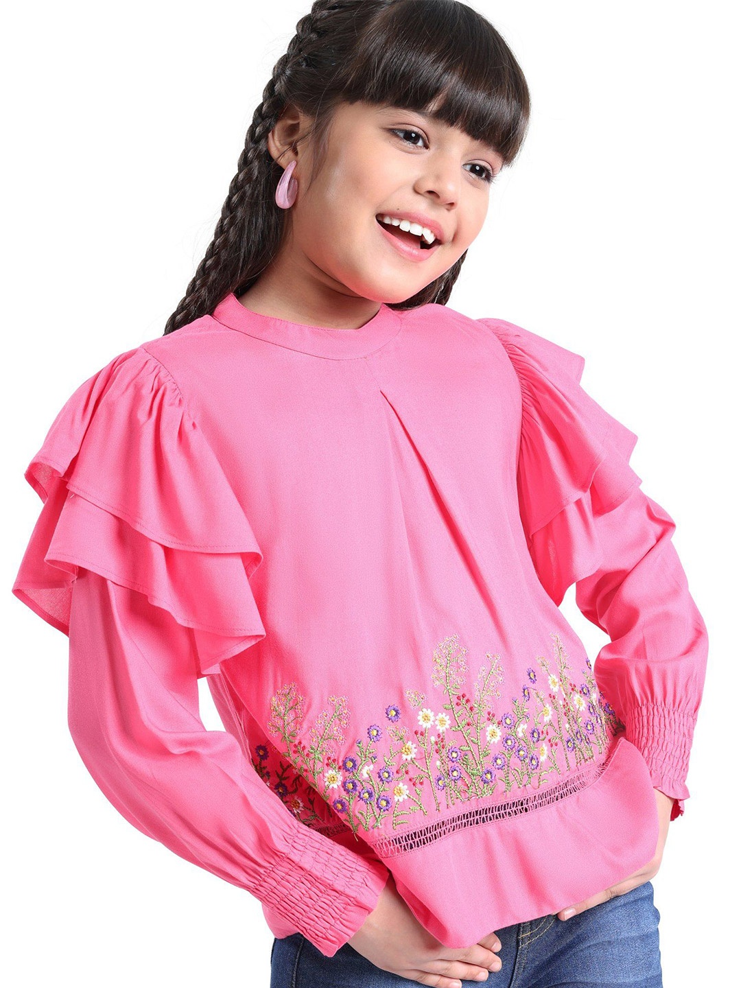 

ARIAS By LARA DUTTA Girls Embroidered Cotton Top With Frills Detailed, Pink