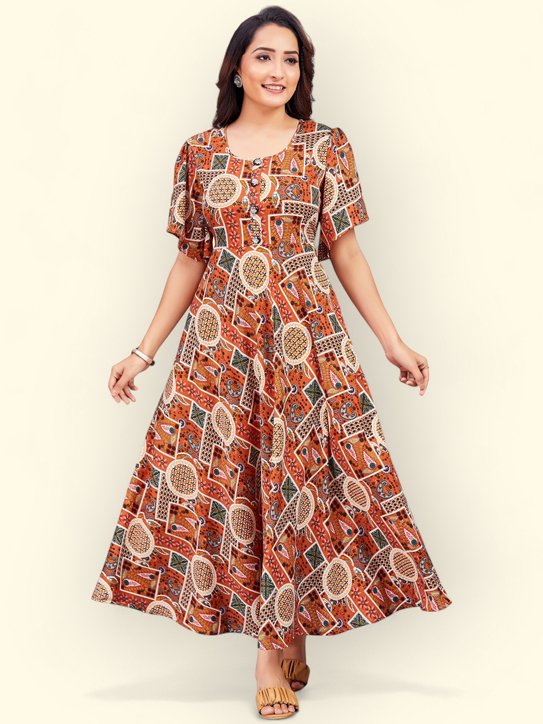 

PAMPER YOURSELF Print Georgette Fit & Flare Maxi Dress, Brown