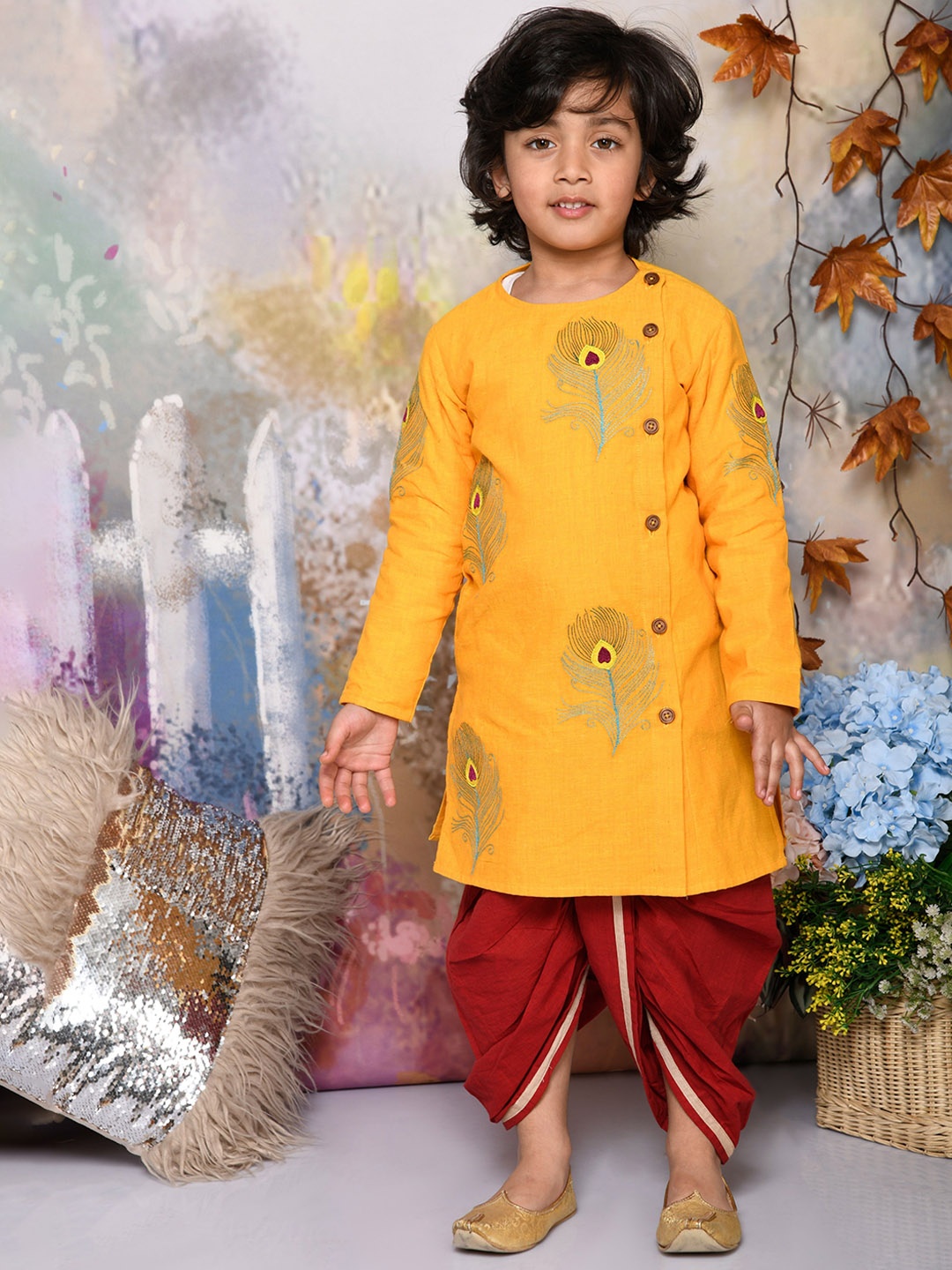 

MUDKID Boys Ethnic Motifs Embroidered Regular Pure Cotton Kurta with Dhoti Pants, Yellow