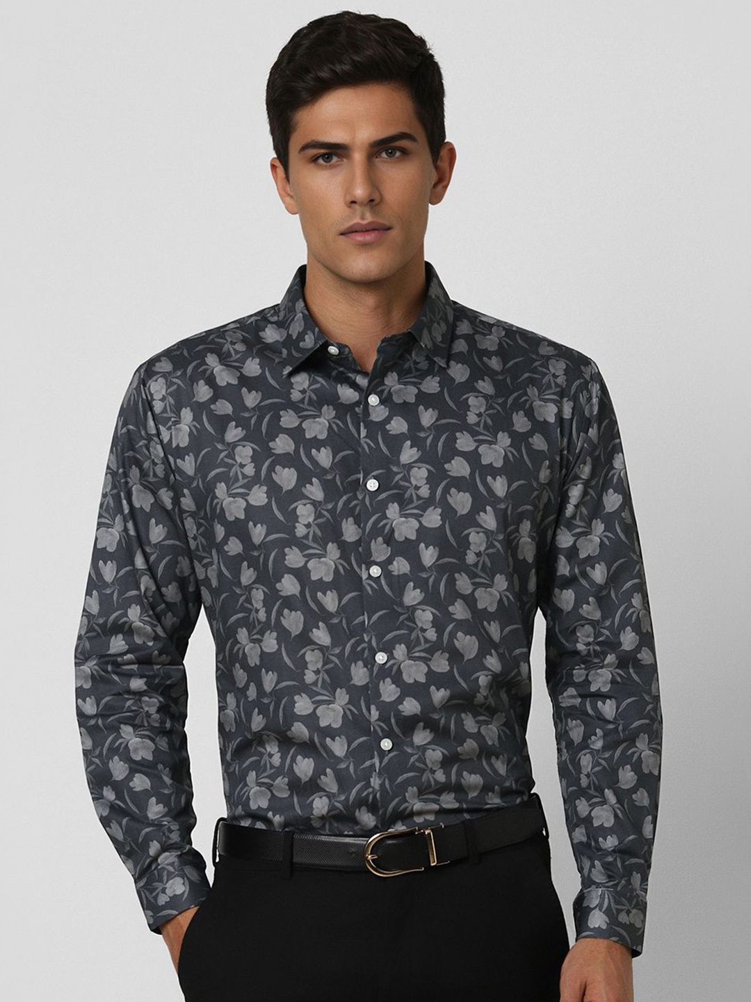 

V Dot Men Slim Fit Floral Opaque Printed Party Shirt, Charcoal