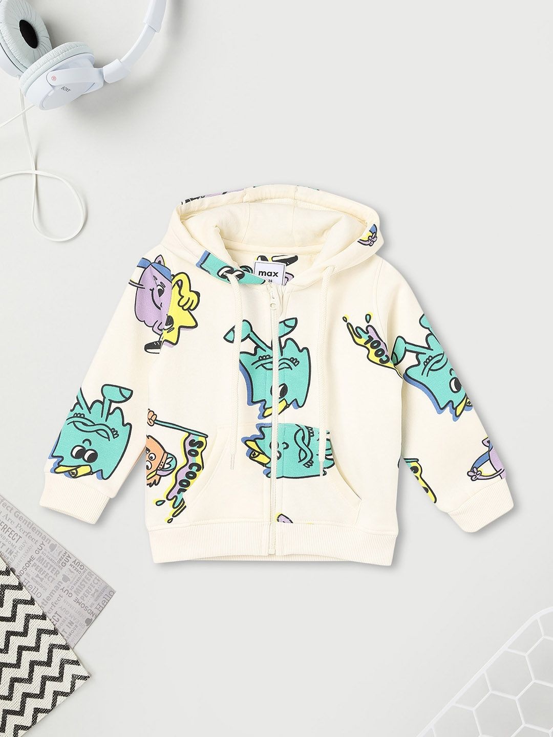 

max Boys Cotton Printed Hooded Front-Open Sweatshirt, Off white