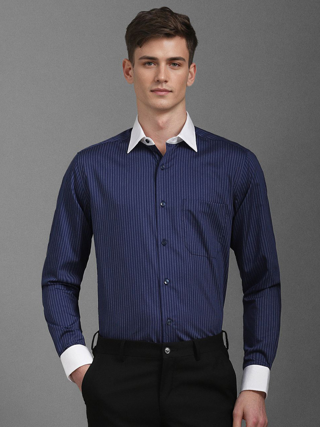 

Louis Philippe Men Classic Opaque Striped Formal Shirt, Navy blue