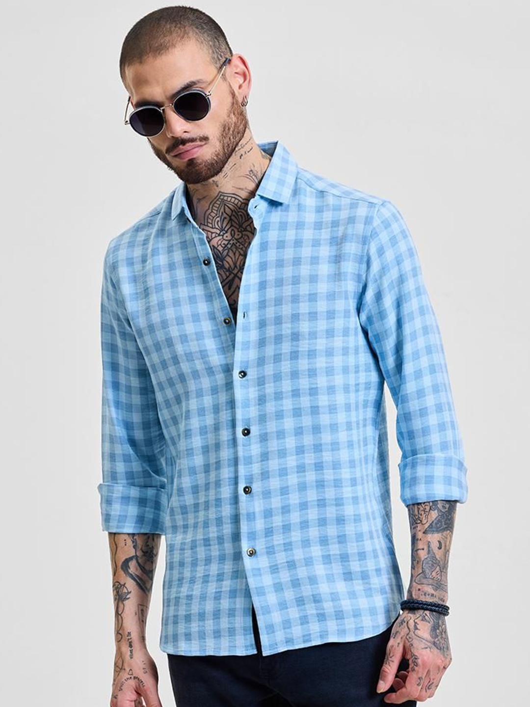 

Snitch Men Smart Slim Fit Opaque Checked Casual Shirt, Blue