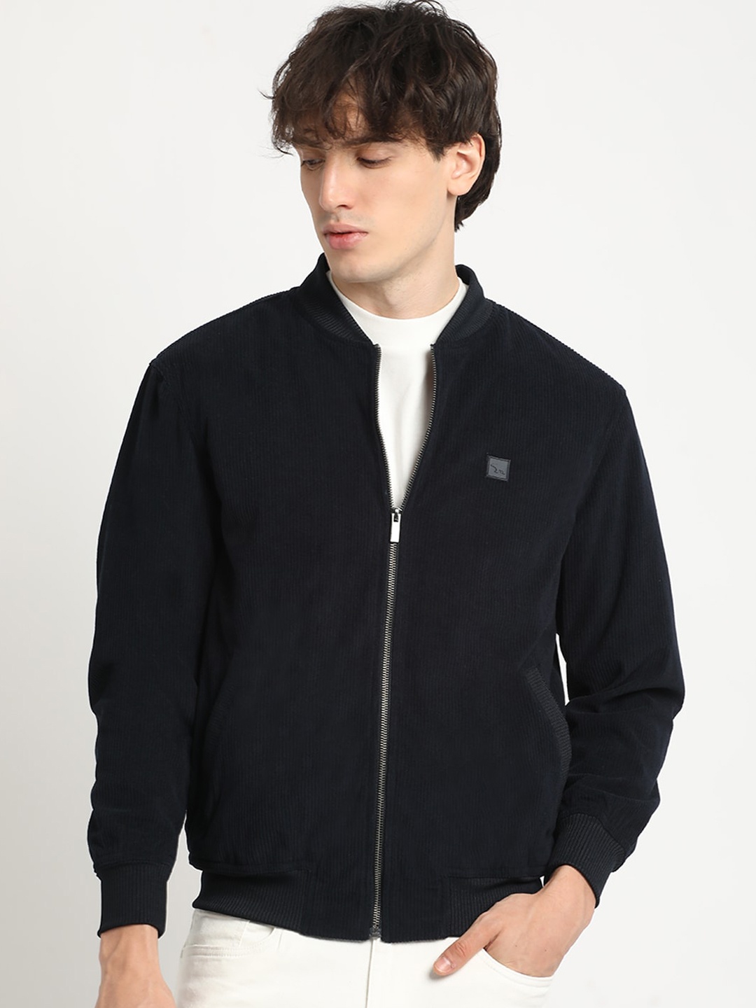 

THE BEAR HOUSE Self Design Stand Collar Windcheater Bomber Jacket, Navy blue