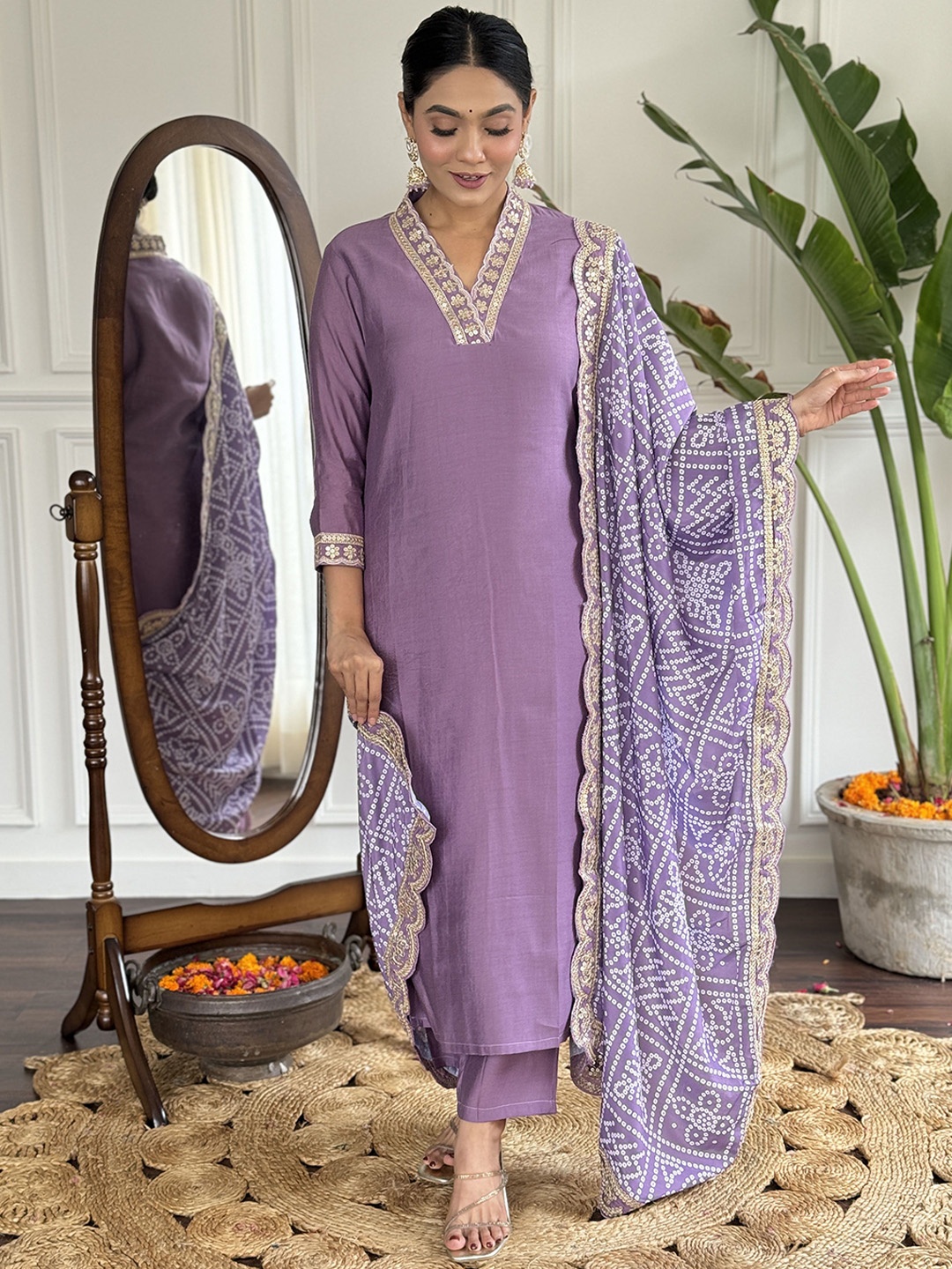 

KALINI Women Embroidered Regular Kurta with Trousers & With Dupatta, Lavender