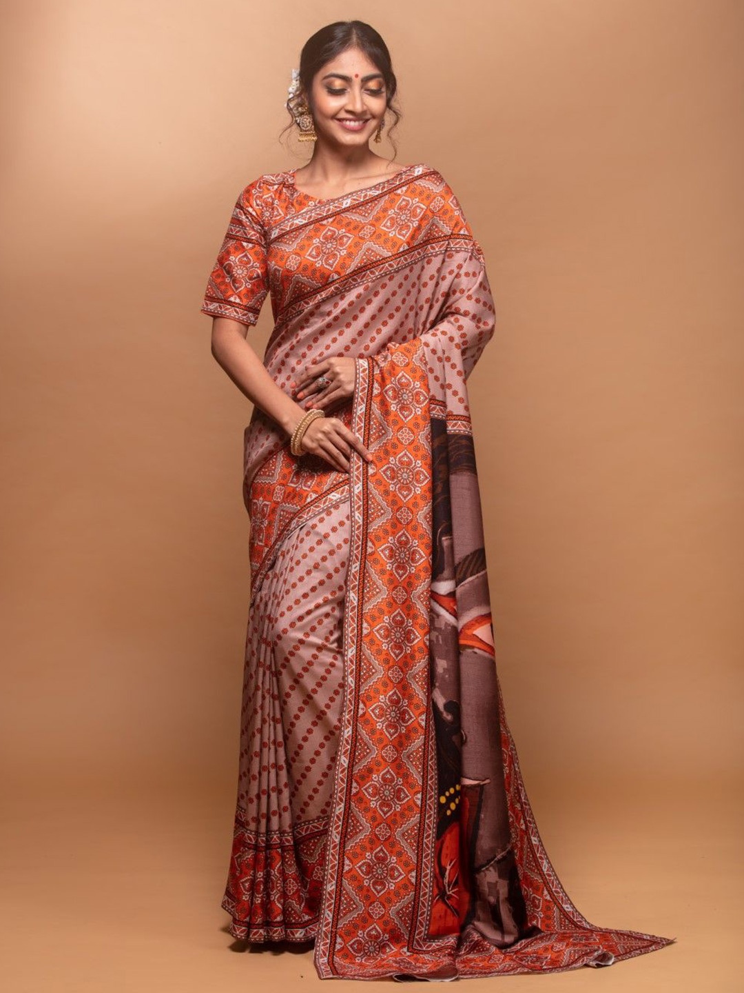 

House of Deepthi Ethnic Motifs Printed Saree, Orange