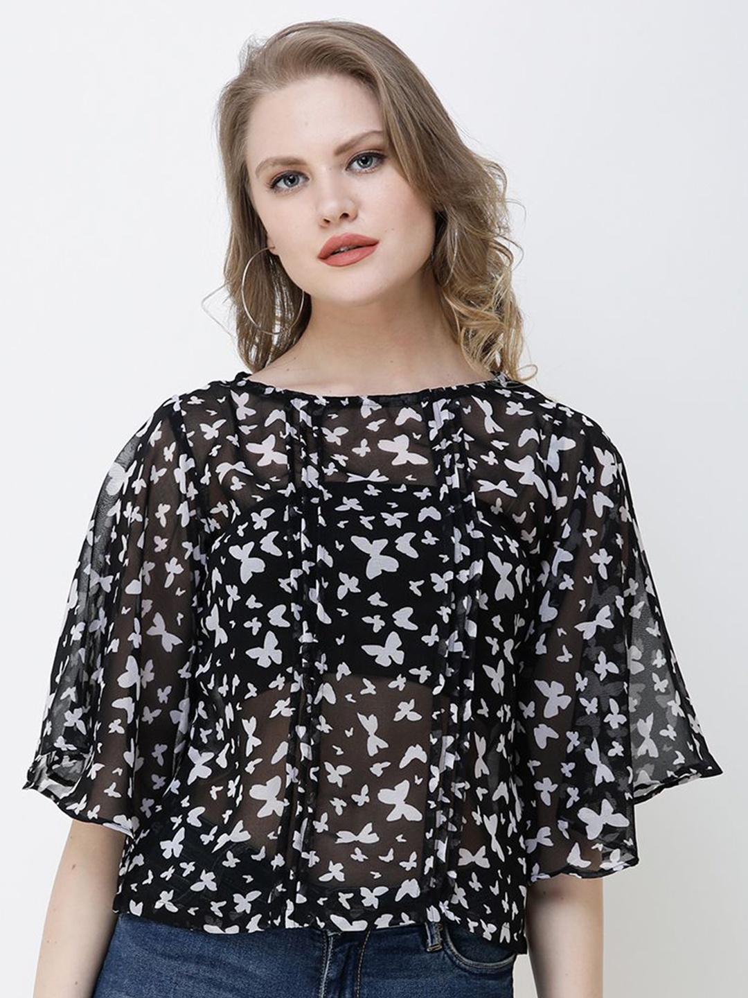 

BAESD Floral Print Cape Sleeve Georgette Cape Top, Black