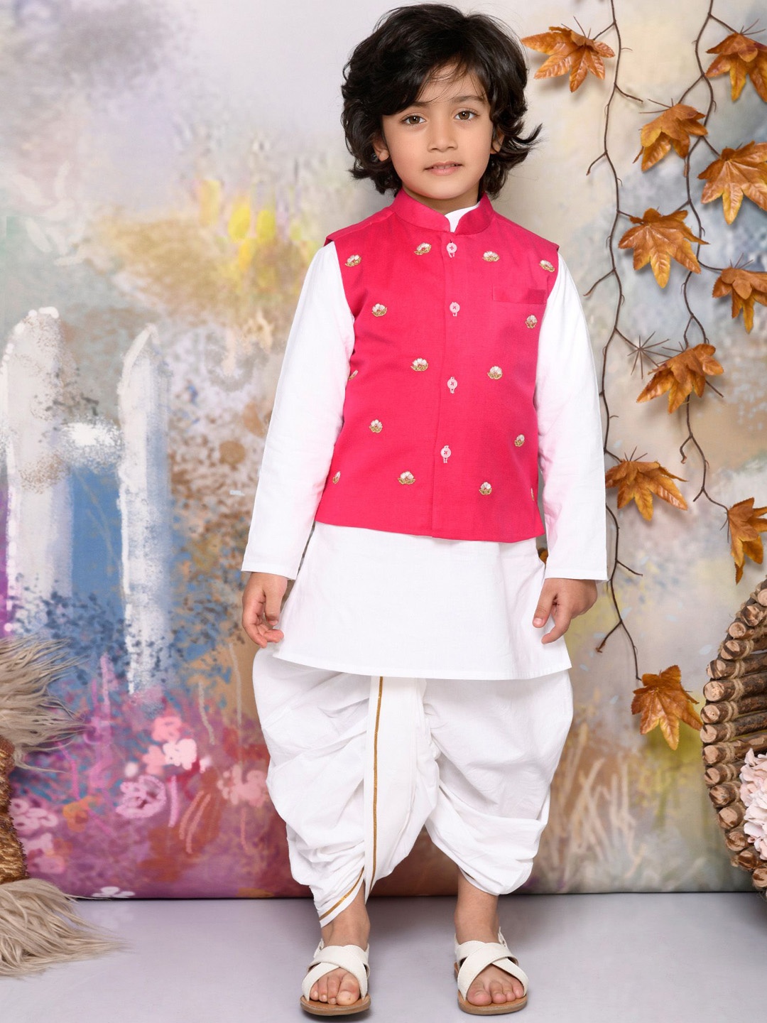 

MUDKID Boys Floral Embroidered Regular Thread Work Pure Cotton Kurta with Dhoti Pants, White