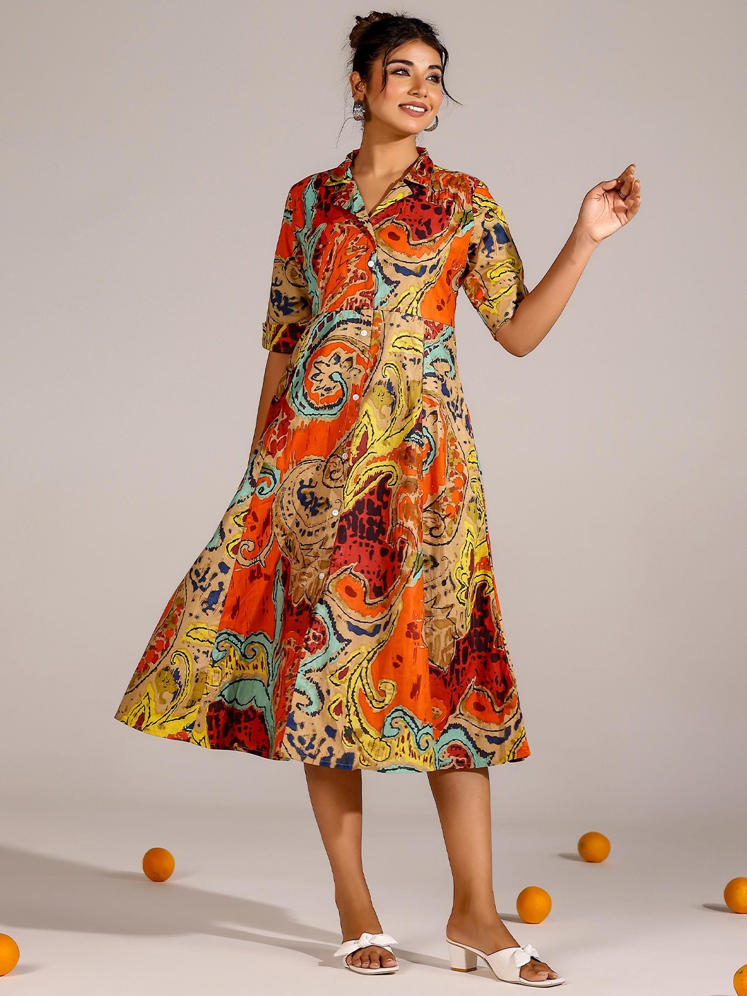 

FLAVIA CREATION Women Floral Printed Cotton Shirt Collar Empire Midi Dress, Orange