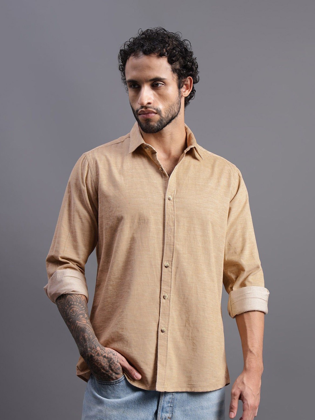 

Beyours Men Classic Opaque Casual Shirt, Tan