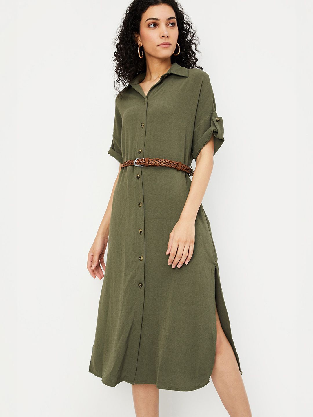 

max Women Striped Shirt Midi Dress, Olive