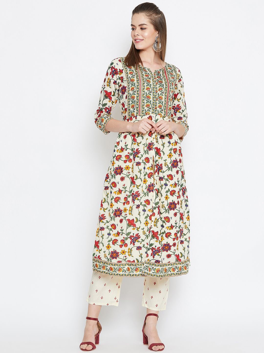 

Prakhya Women Floral Printed Regular Pure Cotton Kurta with Trousers, Cream