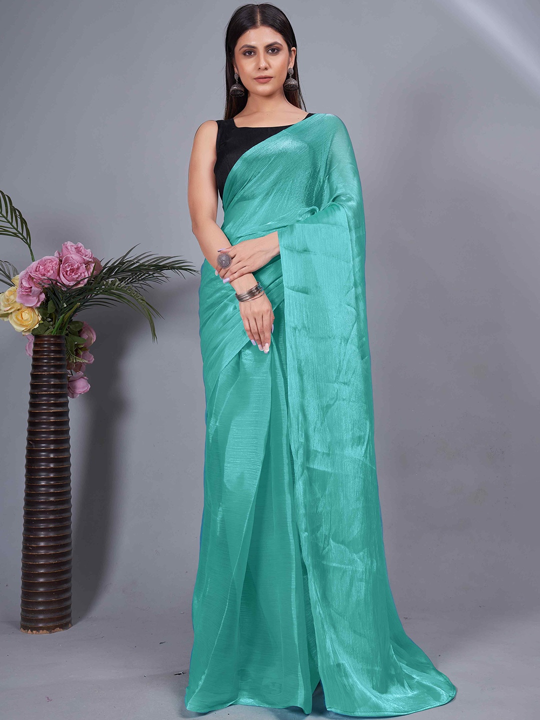 

HERE&NOW Poly Georgette Ready to Wear Saree, Turquoise blue