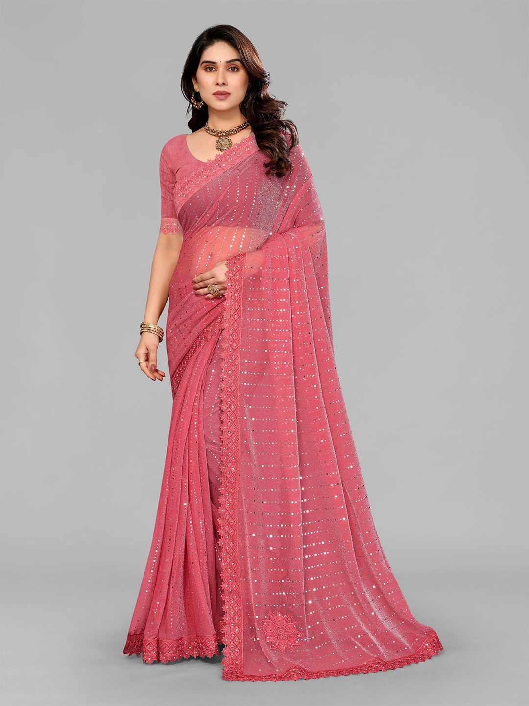 

VIJAYA VALLABH Striped Mirror Work Saree, Rose