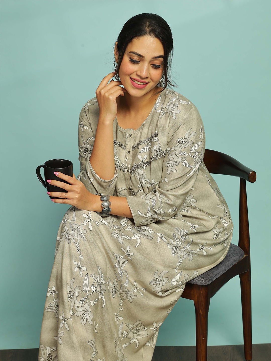 

9shines Label Embroidered Maxi Nightdress, Grey