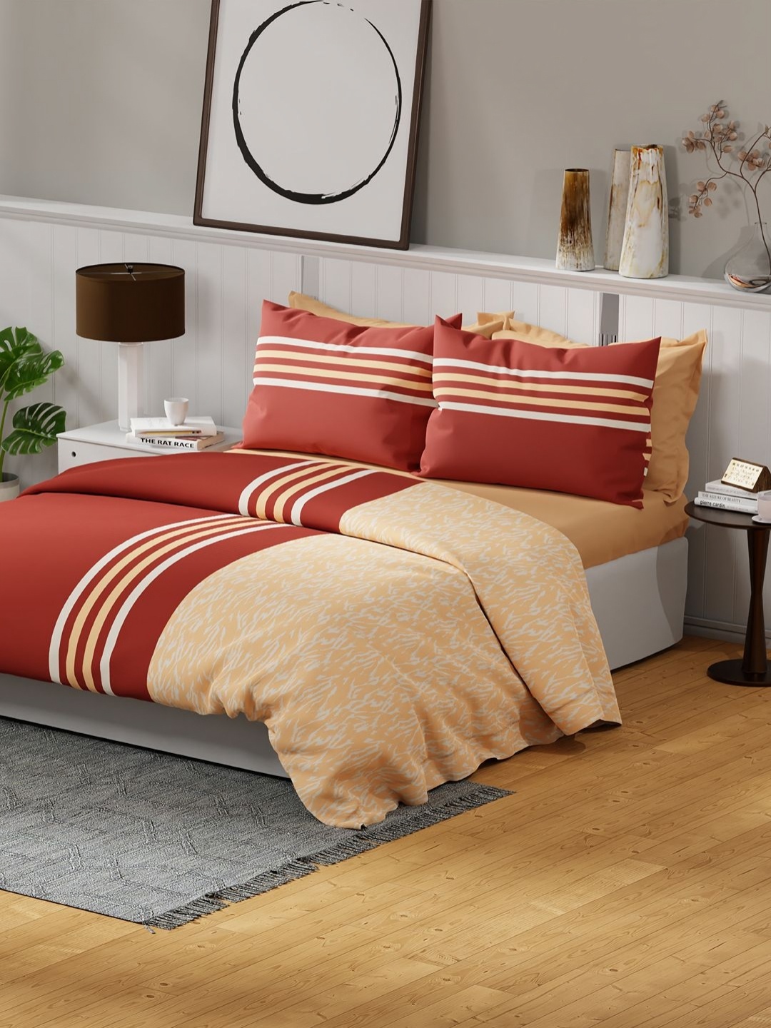 

United Colors of Benetton Maroon & Beige Striped 144 TC Queen Bedsheet with 2 Pillow Covers