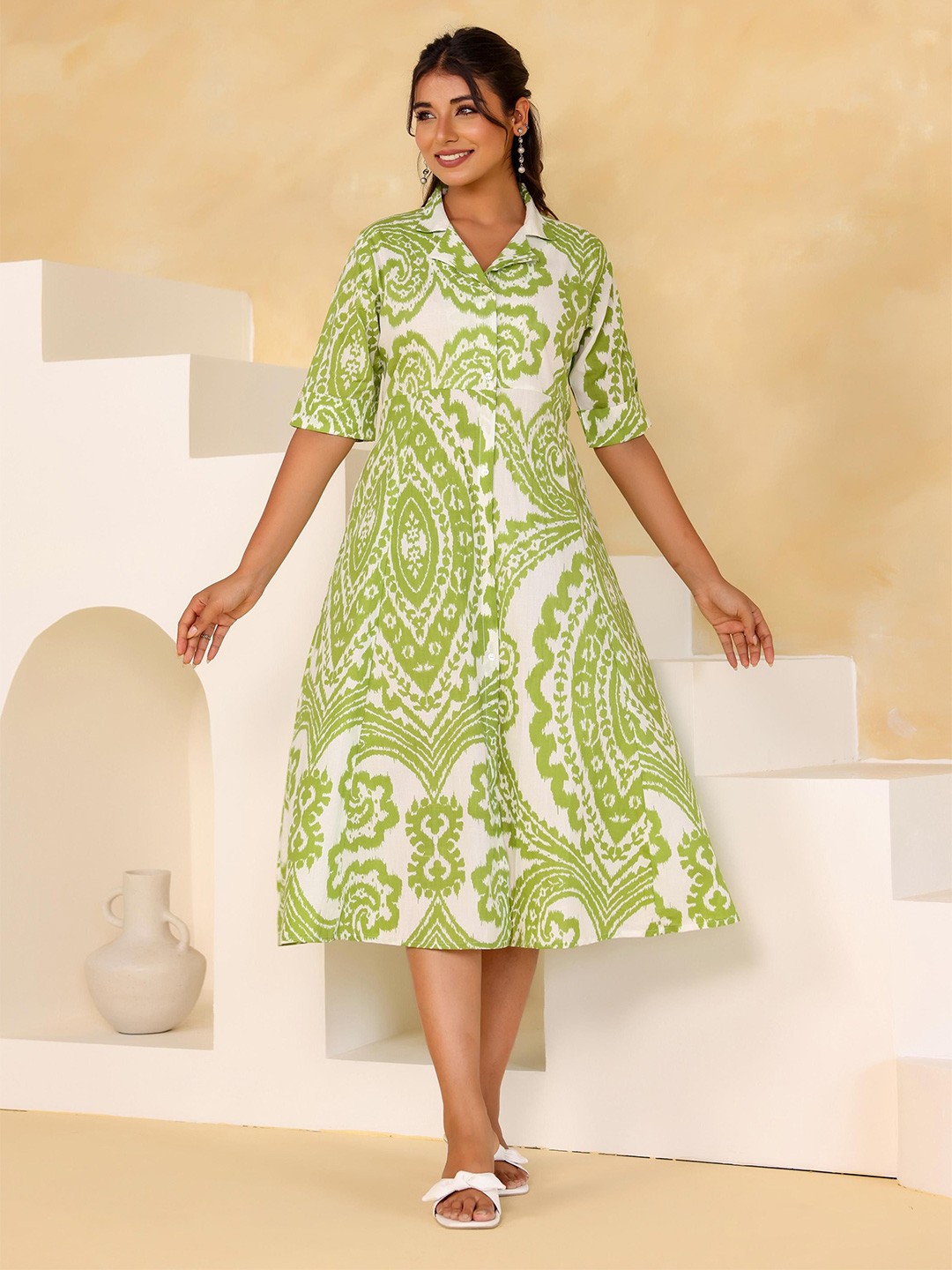 

FLAVIA CREATION Ethnic Motifs Cotton Print A-Line Midi Dress, Green